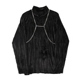 QDBAR Pleated Velvet Half Turtleneck Metal Chain Top