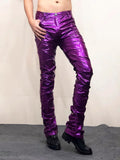 QDBAR Purple Green Shiny Reflective Skinny Stretchy Faux Leather Stacked Pants for Men Sexy Latex Trousers Y2K Streetwear