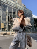 QDBAR 90s Streetwear New Retro Suit Leopard Print Fur Collar Hoodie Women Clothes Casual Simple Y2K Street Wide Leg Pants Zipper Jacket Two Piece Set