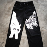 QDBAR 90s Streetwear Y2K Gothic Heavy Print Pattern Pants Cat Mid Waist Straight Couple Harajuku Street Casual New Fashion Retro Wide Leg Pants Jeans