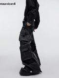 QDBAR Autumn Cool Black Baggy Pu Leather Wide Leg Cargo Pants for Men Three-dimensional Pockets Luxury Designer Clothes