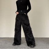 QDBAR Dark Plush Patchwork Denim Wide-leg Pants