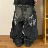 QDBAR Harajuku Hip-hop 2025 New American Retro Skull Wings Embroidered Baggy Jeans Men And Women Y2K Gothic Wide Trousers Streetwear