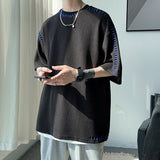 QDBAR Contrast Stitching Crew Neck 3/4 Sleeves Top