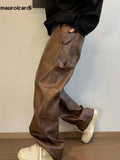 QDBAR Autumn Long Retro Cool Baggy Distressed Washed Brown Soft Pu Leather Wide Leg Pants for Men Luxury Designer Clothes