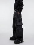 QDBAR Autumn Cool Black Baggy Pu Leather Wide Leg Cargo Pants for Men Three-dimensional Pockets Luxury Designer Clothes