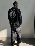 QDBAR 90s Streetwear Y2K Streetwear Mens Womens Hip Hop Letter Embroidered Jacket Jeans Two Piece Tracksuit Retro Loose Leather Biker Punk Jacket Set