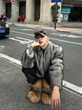 QDBAR Spring Winter Short Thick Warm Hairy Shaggy Grey Faux Fur Coat Men V Neck Long Sleeve Cool Handsome Fluffy Jacket