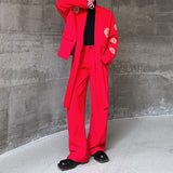 QDBAR 2024 Fall Fashion Retro Cirrus Embroidered Red Suit Jacket Wide-leg Trousers Two-piece Set