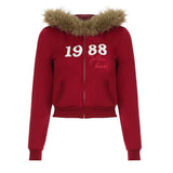 QDBAR American Y2K letter embroidered cardigan zipper high quality burgundy oversized hoodies women winter 2025 new street casual tops