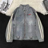 QDBAR Streetwear New Light Blue Denim Long Sleeved Jackets Men Women Harajuku Zipper Jackets Autumn Winter Tops Y2K Goth Clothes Coat