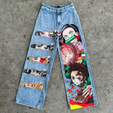 QDBAR Grunge skeleton pattern wide leg jean couples high street trouser retro pants streetwear harajuku y2k denim mens baggy jeans