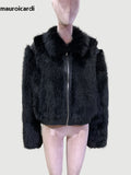 QDBAR Autumn Winter Short Black Thickened Warm Hairy Shaggy Pu leather Patchwork Faux Fox Fur Coat Women Fluffy Jacket