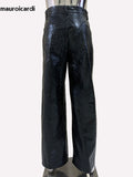 QDBAR Spring Long Black Faux Leather Pants Men High Waist Luxury Designer Pleated Pu Leather Straight Trousers Clothes