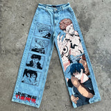 QDBAR Grunge skeleton pattern wide leg jean couples high street trouser retro pants streetwear harajuku y2k denim mens baggy jeans