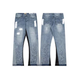 QDBAR European and American street splicing splash-ink jeans for men and women high street fashion micro-flared pants for couples