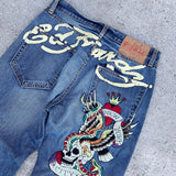 QDBAR 90s Streetwear Gothic Hip Hop Skull Embroidery Jeans for Men Casual Y2k High Waist Wide Leg Baggy Jeans Retro Straight Denim Pants Streetwear