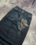 QDBAR Y2K Street Style Skull Embroidered Jeans Men American Hip Hop High Street Retro Gothic Loose Fashion Wide-Leg Pants Trousers