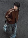 QDBAR Spring Autumn Cool Handsome Short Maillard Style Brown Pu Leather Racker Jacket Men Loose Casual Korean Fashion 2025