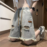 QDBAR American high street retro raw edge ripped denim shorts men's summer thin fashion brand trend handsome five point pants y2k tops