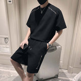 QDBAR Zip Trim Short Sleeves Shorts Casual Two-Piece Suits