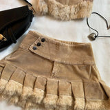 QDBAR Y2K Two Piece Sets Women Sexy Cute Strapless  Bodycon Tops High Waist Pleated Mini Skirt Harajuku Goth Brown Raw Edge Skirt Suit