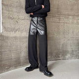 QDBAR Contrast Color Leather Straight Leg Pants