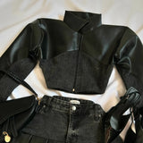 QDBAR Y2K Sexy Hot Girl Short Jacket Women Harajuku Zipper Long Sleeve Jacket Gothic Black Denim Splicing Leather Jacket Tops Clothes