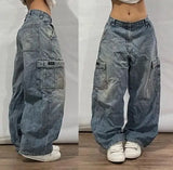 QDBAR New American Retro Washed Loose Jeans Female Y2K High Street Harajuku Do Old Personalized Pattern Straight Pants Street Clothes