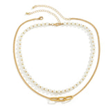 QDBAR Double Pearl Curb Chain Necklace