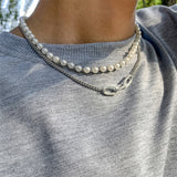 QDBAR Double Pearl Curb Chain Necklace