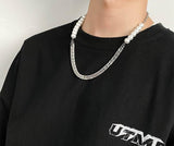 QDBAR Half Faux Pearl Curb Chain Necklace