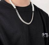 QDBAR Half Faux Pearl Curb Chain Necklace