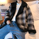 QDBAR Winter Thick Lamb Fur Jacket Men Warm Fashion Casual Retro Plaid Coat Men Korean Loose Short Coat Mens Jackets Outerwear M-3XL