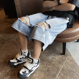 90s streetwear Summer Fashion Brand Thin Knee Ripped Jeans Men's American-Style Loose Straight Wide-Leg Pants Trendy Shorts