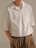 QDBAR American trendy brand Cuban collar polo shirt for men high-end loose lapel short-sleeved T-shirt v-shaped stacked collar half-sleeved sweatshirt trendy