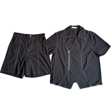 QDBAR Summer Topstitched Zip Shirt Shorts Set