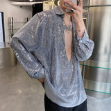 QDBAR Vintage Deep V-neck Sequined Shirt