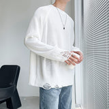 QDBAR Hollow Knit Solid Color Ripped Top