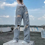 QDBAR Streetwear Straight Pants Ladies Ripped Jeans Mid Waist Loose Wide Leg Pants Ladies Jeans Y2K Summer High Street  Cargo Pants