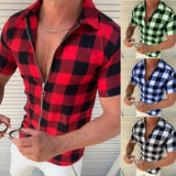 QDBAR Men's Lapel Plaid Printed Slim Fashion Zipper Cardigan Short Sleeve Shirt Mens Designer Clothes Shirts And Blouses