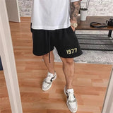 QDBAR American Style 1977 Shorts Flocking Printed Casual Five Point Pant Gym Sports Fitness Cotton Basketball Training Men's Shorts