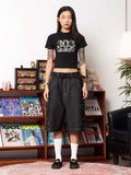 QDBAR American retro loose oversized workwear denim shorts women embroidered summer sports wide leg hiphop cropped pants y2k pants