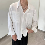 QDBAR Streetwear Men Shirts Fashion Solid Color Thin Transparent Loose Shirt Tops Mens Spring Long Sleeve Buttoned Lapel Casual Shirt