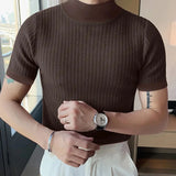 QDBAR Casual Simple Style Tops Men Knitting Pit Strip Camiseta Stylish Solid Half High Collar Short Sleeve T-shirts S-5XL 2023