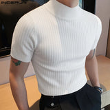 QDBAR Casual Simple Style Tops Men Knitting Pit Strip Camiseta Stylish Solid Half High Collar Short Sleeve T-shirts S-5XL 2023