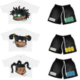 QDBAR Summer Men Oversized Loose T-Shirt Gym Shorts Two Piece Set Cartoon Print Cotton Tees Suit Harajuku Baggy Sports Shorts Clothes