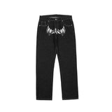 QDBAR Y2k Pants Dark Bat Print Woman Jeans High Street Vintage Streetwear Face  Print High Waisted Jeans Loose Straight Woman Jeans