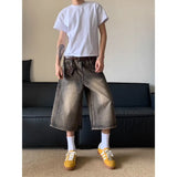 QDBAR American retro cropped men wide leg jeans Y2k Gothic washed loose straight casual couple shorts sweatpants