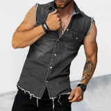 QDBAR 2024 Spring Summer Casual Jean Vest Tops Men Fashion Sleeveless Buttoned Lapel Denim Tank Tops Streetwear Mens Denim Vest Shirts